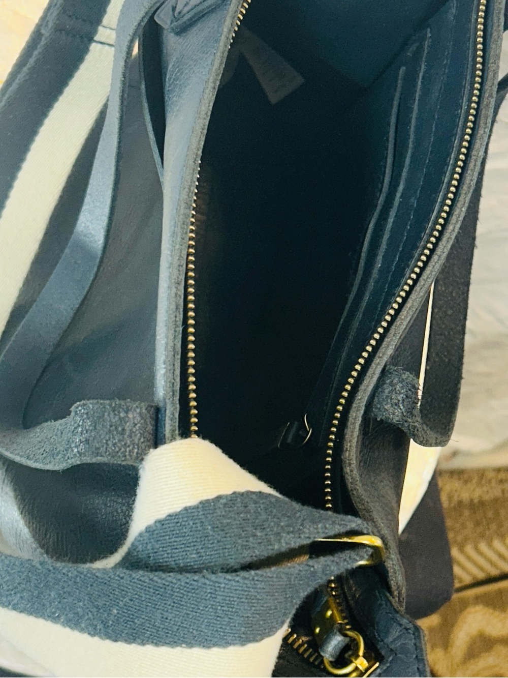 Madewell Deep Teal Leather Tote with Striped Canvas Strap - Picture 9 of 11